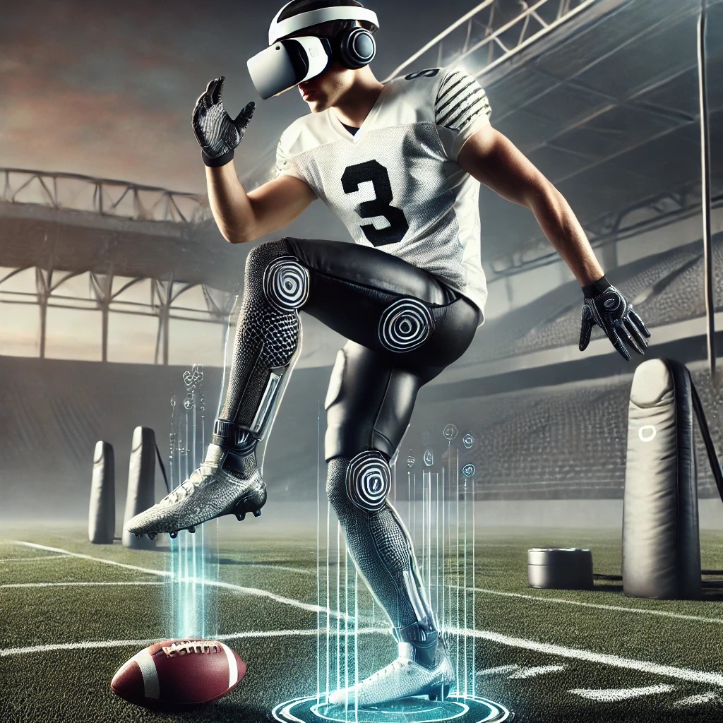 Football player using virtual reality headset for training